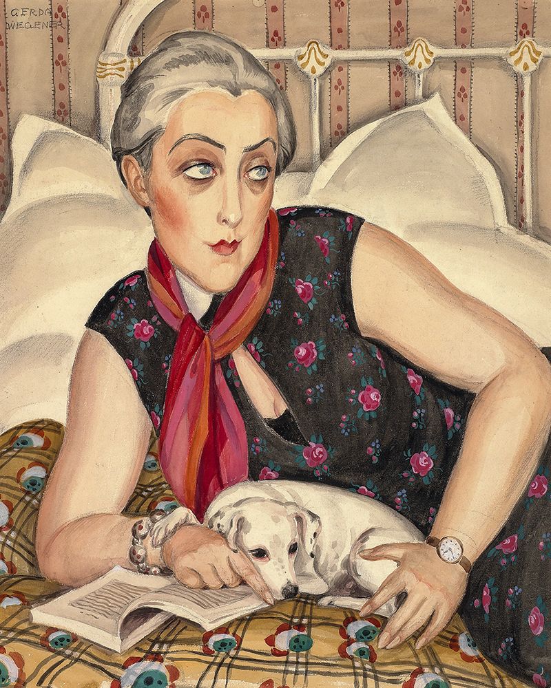 Portrait of reading woman with dog art print by Gerda Wegener for $57.95 CAD