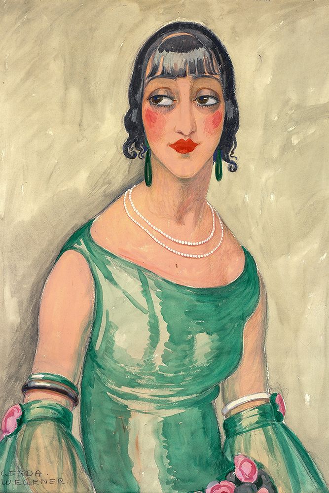 Portrait of woman in green dress and pearls art print by Gerda Wegener for $57.95 CAD