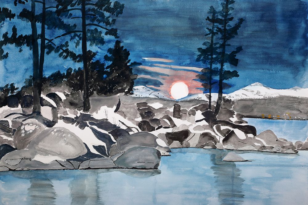 Moonset over Sand Harbor, Lake Tahoe art print by Wynn Derr for $57.95 CAD