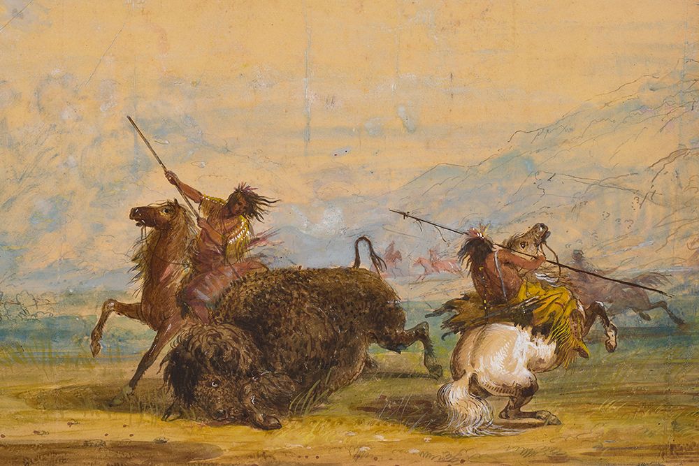 Crow Indians attacking a buffalo with the lance art print by Alfred Jacob Miller for $57.95 CAD