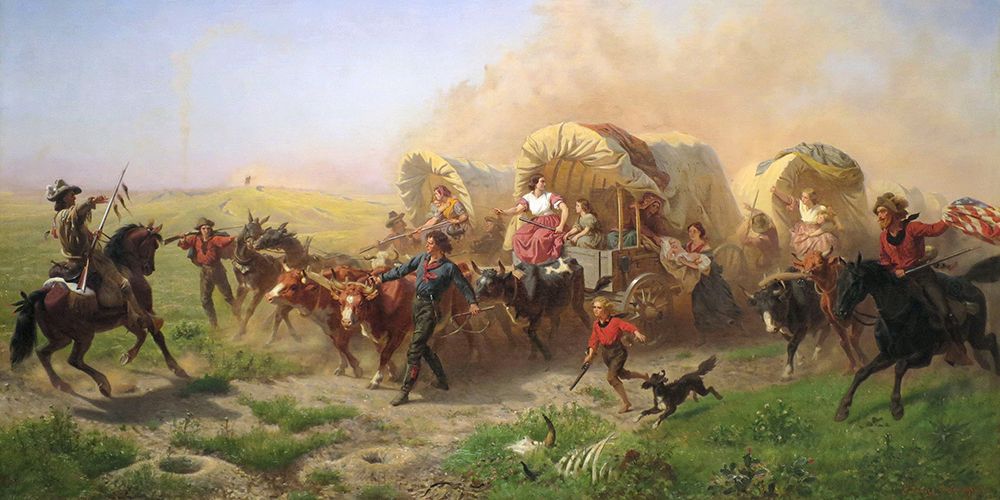 Indians Attacking a Wagon Train art print by Emanuel Gottlieb Leutze for $57.95 CAD