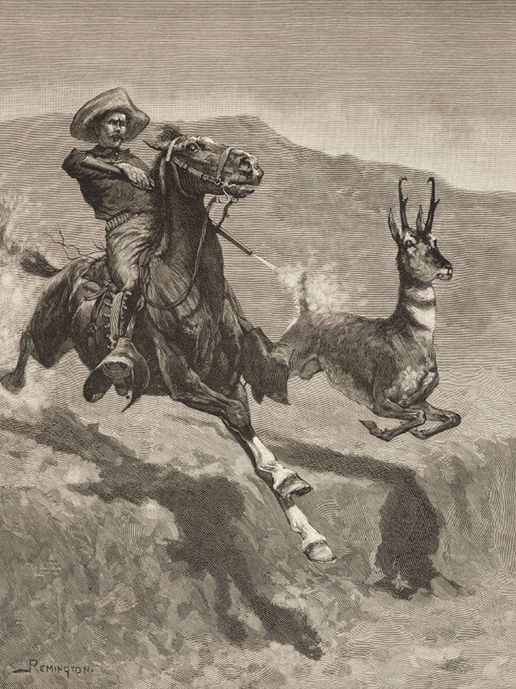 Hunting the Prong Horn Antelope in California art print by Frederic Remington for $57.95 CAD