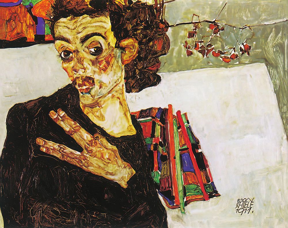 Self-Portrait with Black Clay Vase and Spread Fingers 1911 art print by Egon Schiele for $57.95 CAD