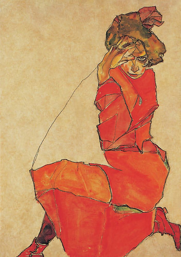 Kneeling Girl in Orange Red Dress 1910 art print by Egon Schiele for $57.95 CAD