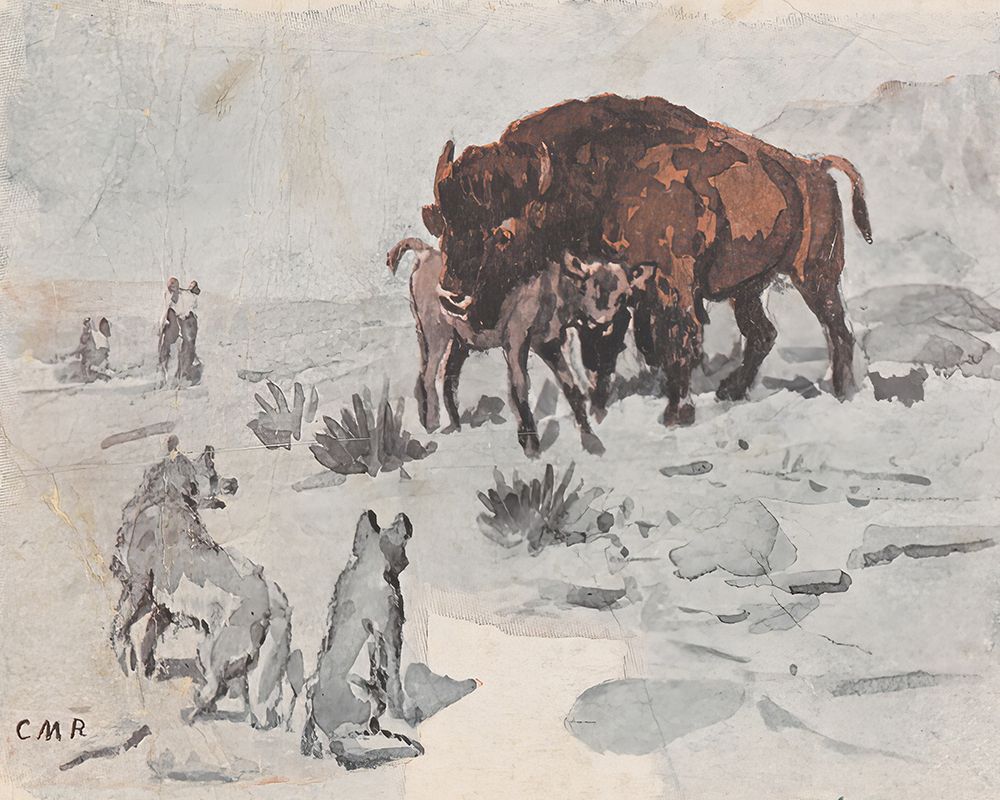 Buffalo Protecting Calf 1907 art print by Charles Marion Russell for $57.95 CAD