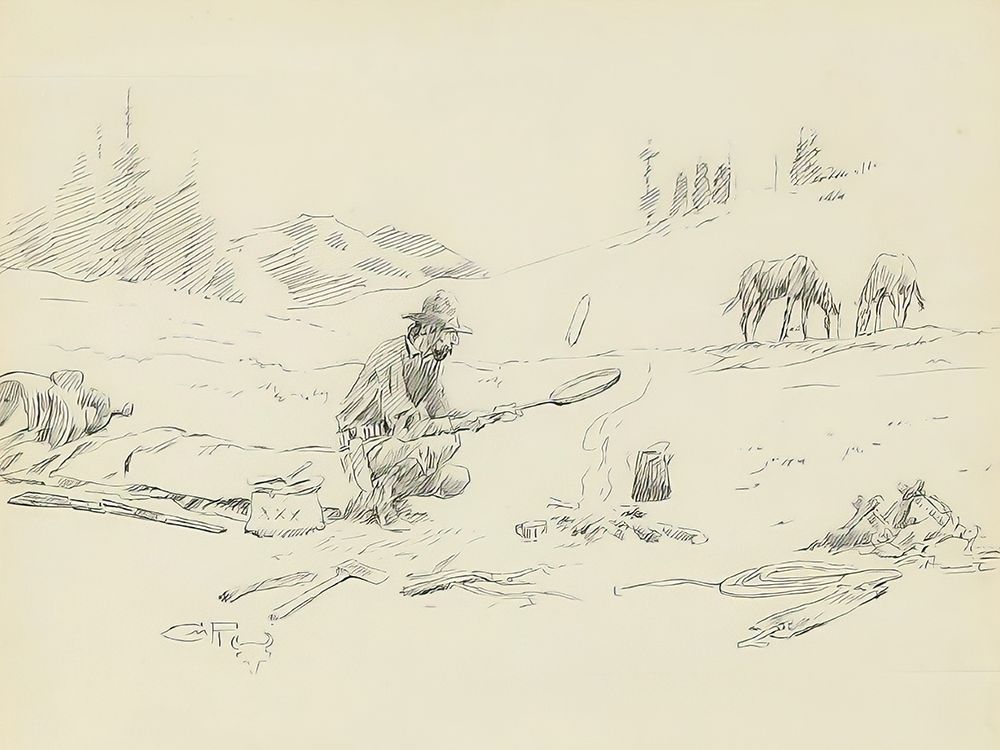 Camper Flipping Flapjacks 1911 art print by Charles Marion Russell for $57.95 CAD