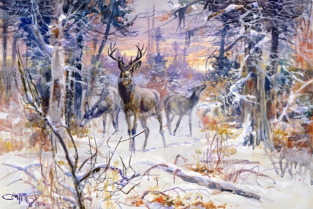 Deer in a Snowy Forest 1906 art print by Charles Marion Russell for $57.95 CAD