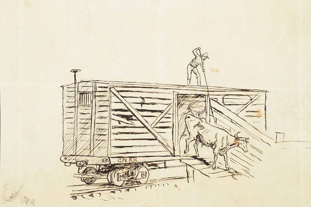 Unloading Cattle from a Railroad Stockcar art print by Charles Marion Russell for $57.95 CAD