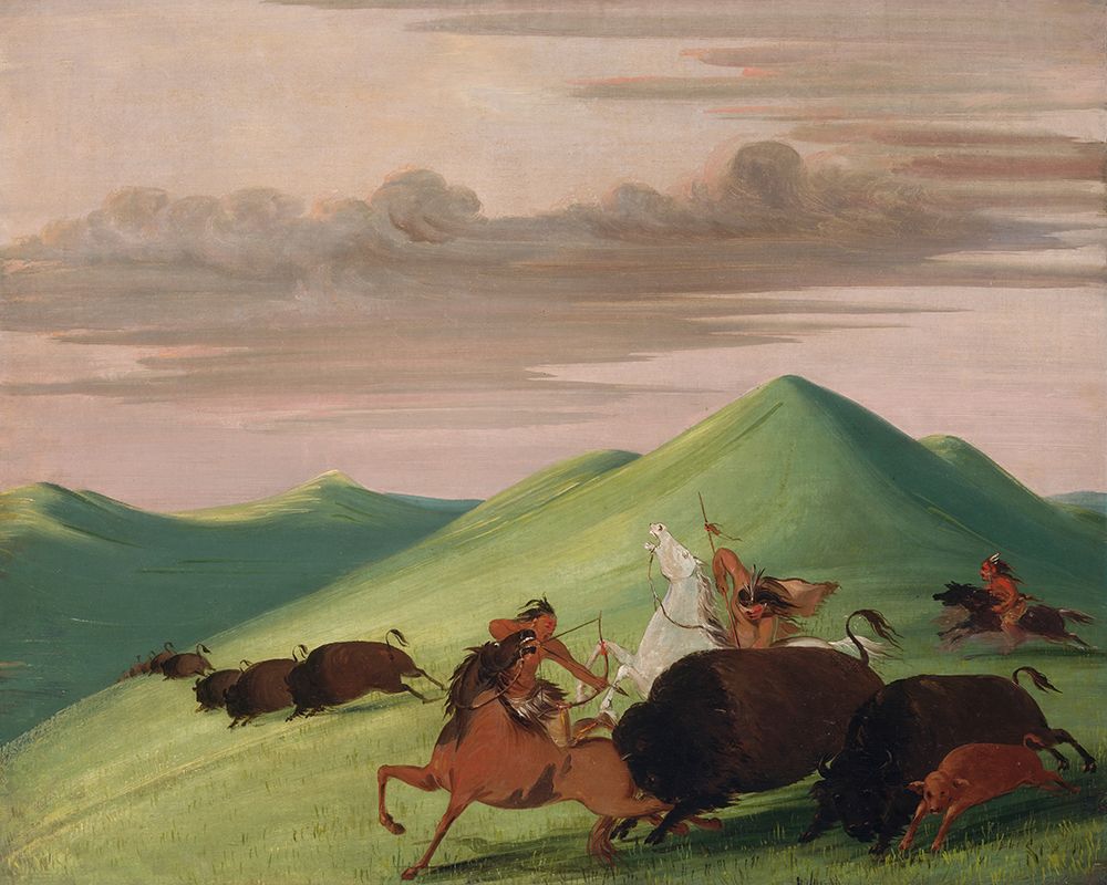 Buffalo Chase|Bull Protecting a Cow and Calf art print by George Catlin for $57.95 CAD