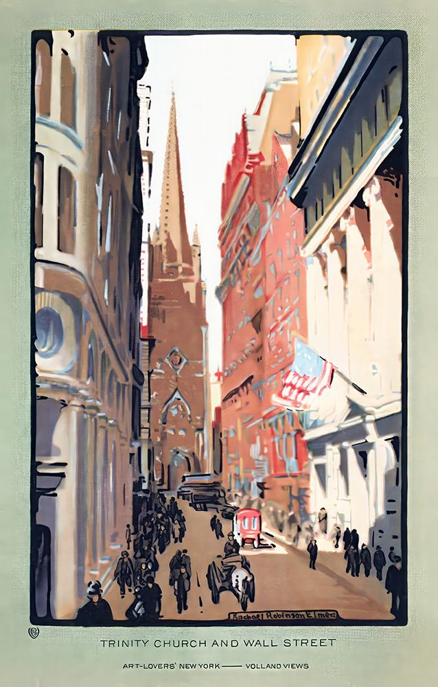 New York Trinity Church and Wall Street 1914 by Raechel Robinson Elmer art print by Vintage Travel Poster for $57.95 CAD