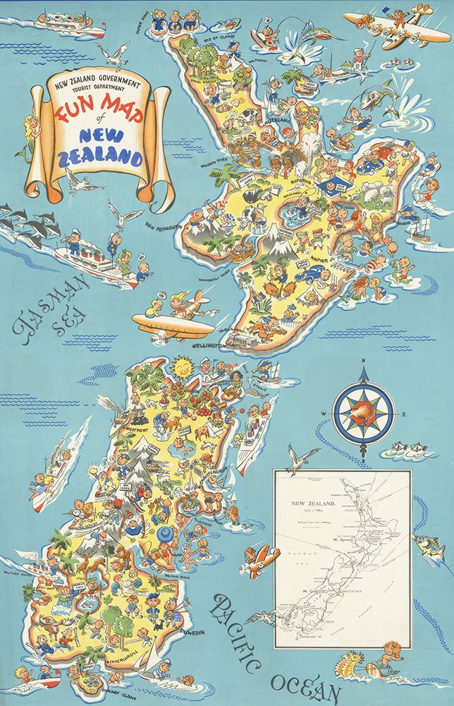 New Zealand Fun Map Vintage Travel Poster art print by Vintage Travel Poster for $57.95 CAD