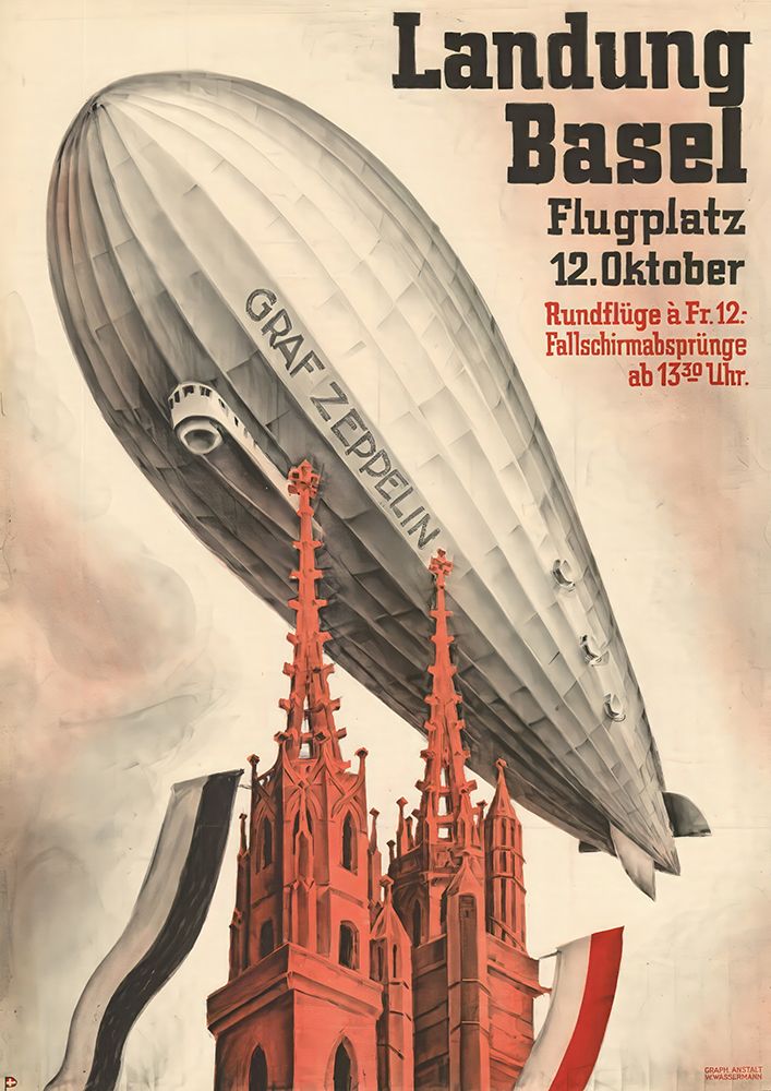 Switzerland, the landing of the airship LZ 127 in Basel 1930 by Otto Plattner art print by Vintage Travel Poster for $57.95 CAD