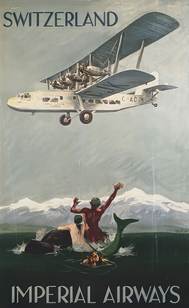 Switzerland Biplane Vintage Air Travel Poster art print by Vintage Travel Poster for $57.95 CAD