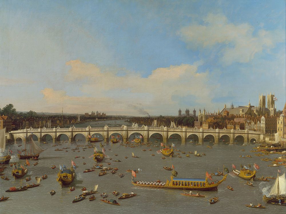 Westminster Bridge, with the Lord Mayors Procession on the Thames art print by Canaletto for $57.95 CAD