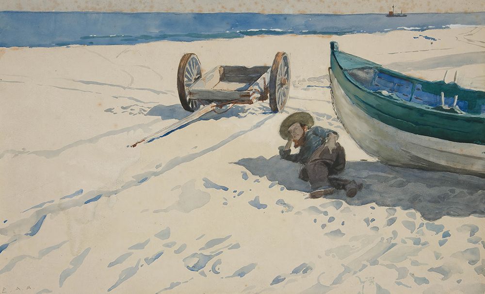Beach scene with Man Resting in Shadow of Boat art print by Edwin Austin Abbey for $57.95 CAD