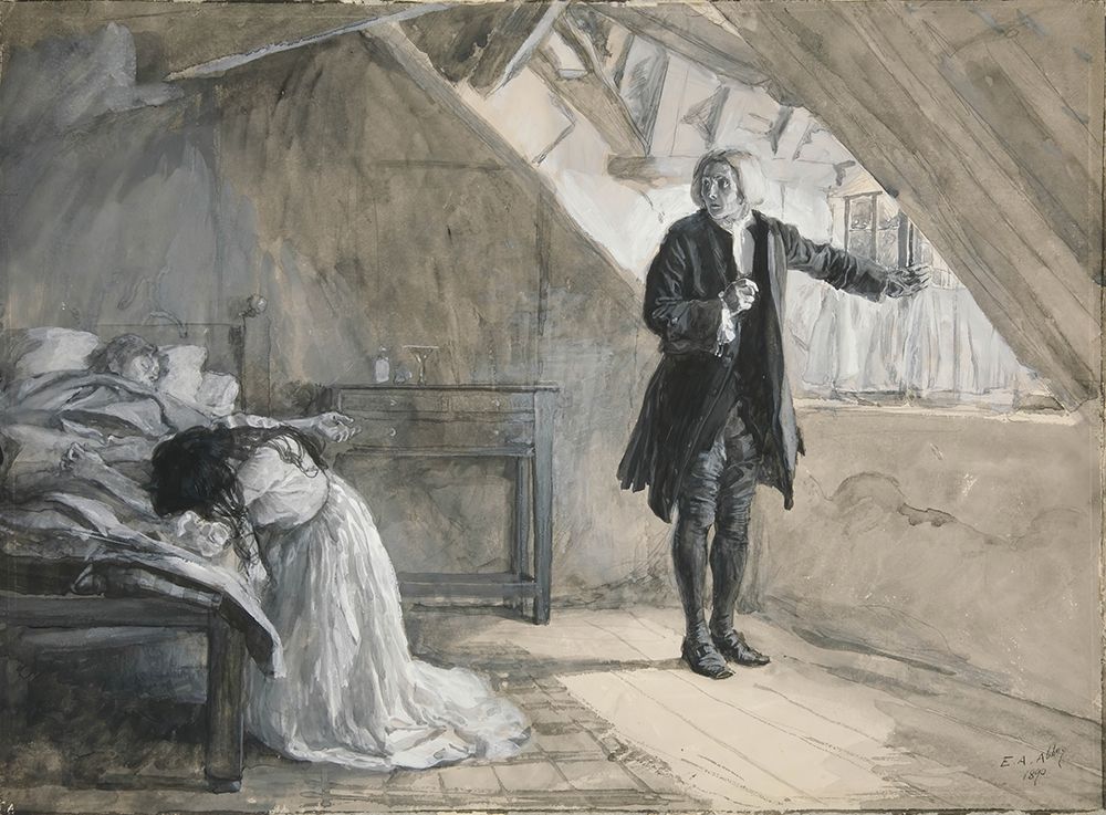 Beside the bed where parting life was laid, illustration for Oliver Goldsmiths The Deserted Village art print by Edwin Austin Abbey for $57.95 CAD