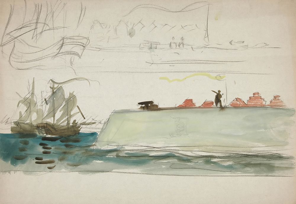 Boats at sea, battleship foreground, sailboat in distance art print by Edwin Austin Abbey for $57.95 CAD