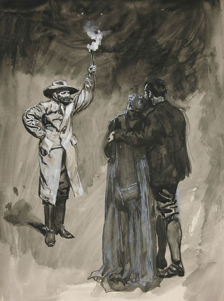 Couple confronted in street by man holding torch art print by Edwin Austin Abbey for $57.95 CAD