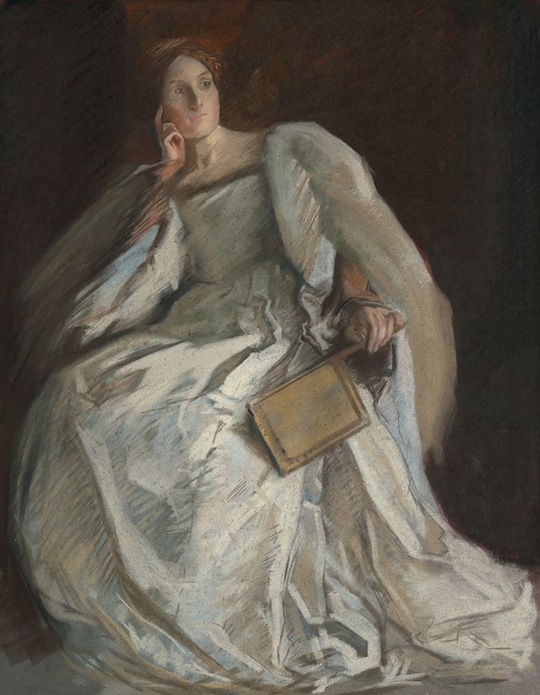 Lady in White Seated. Right Hand to Chin. Holding Fan art print by Edwin Austin Abbey for $57.95 CAD