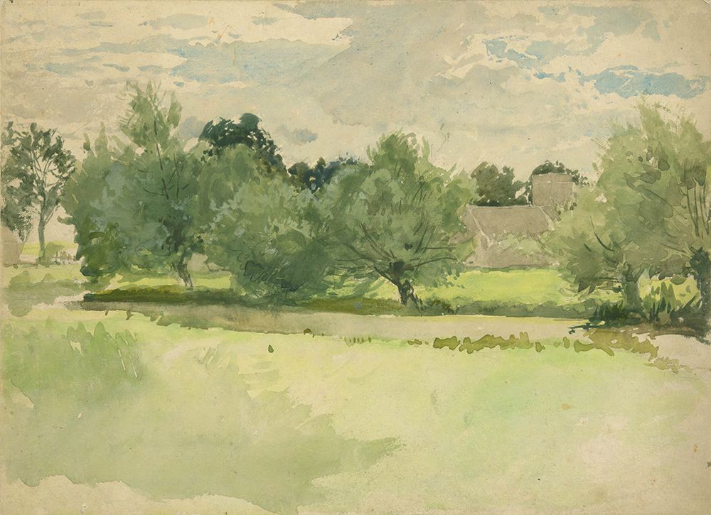 Landscape Meadow. Church in background art print by Edwin Austin Abbey for $57.95 CAD