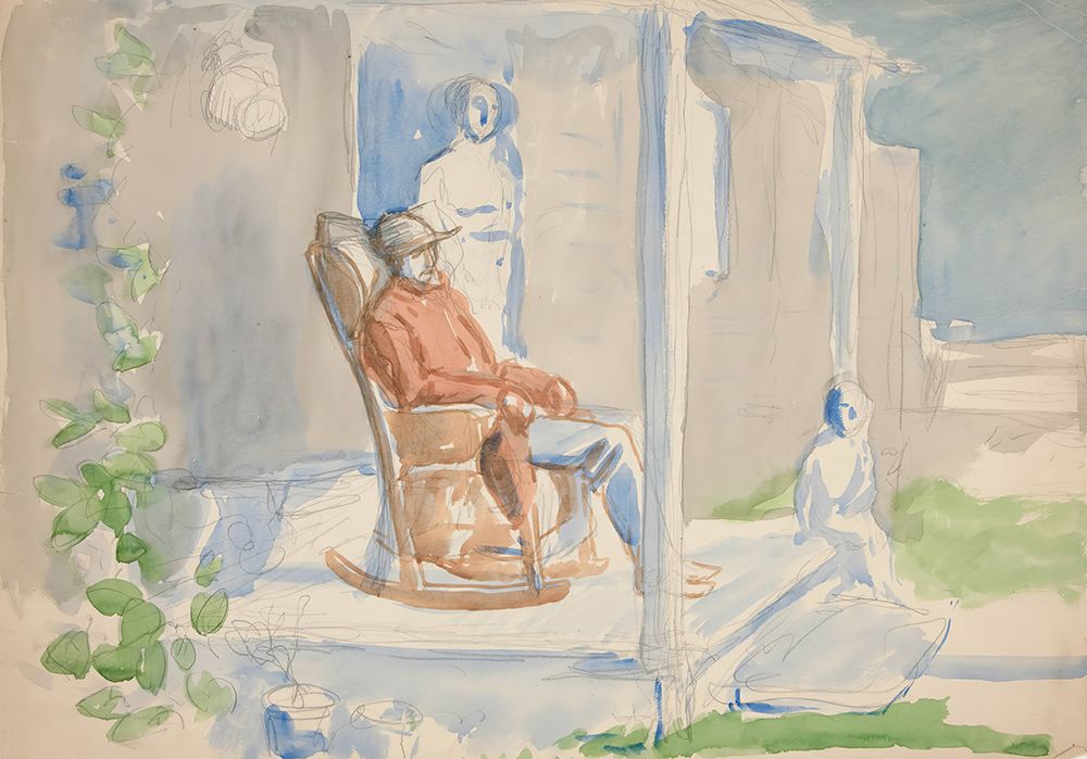 Man in rocking chair on front porch with his wife and child art print by Edwin Austin Abbey for $57.95 CAD