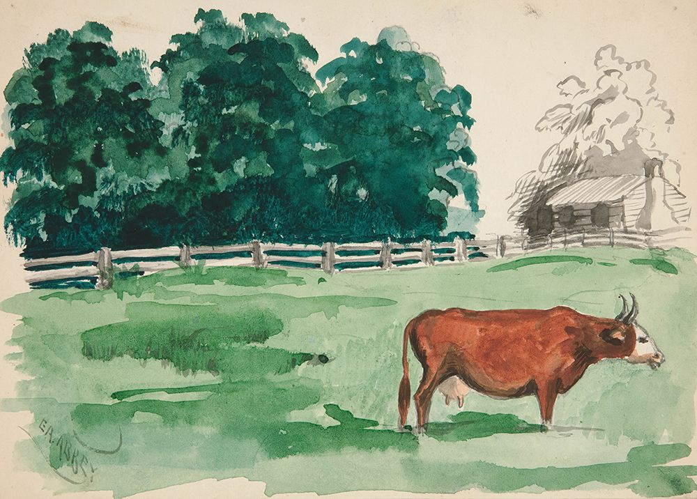 Pasture scene with cow in foreground art print by Edwin Austin Abbey for $57.95 CAD
