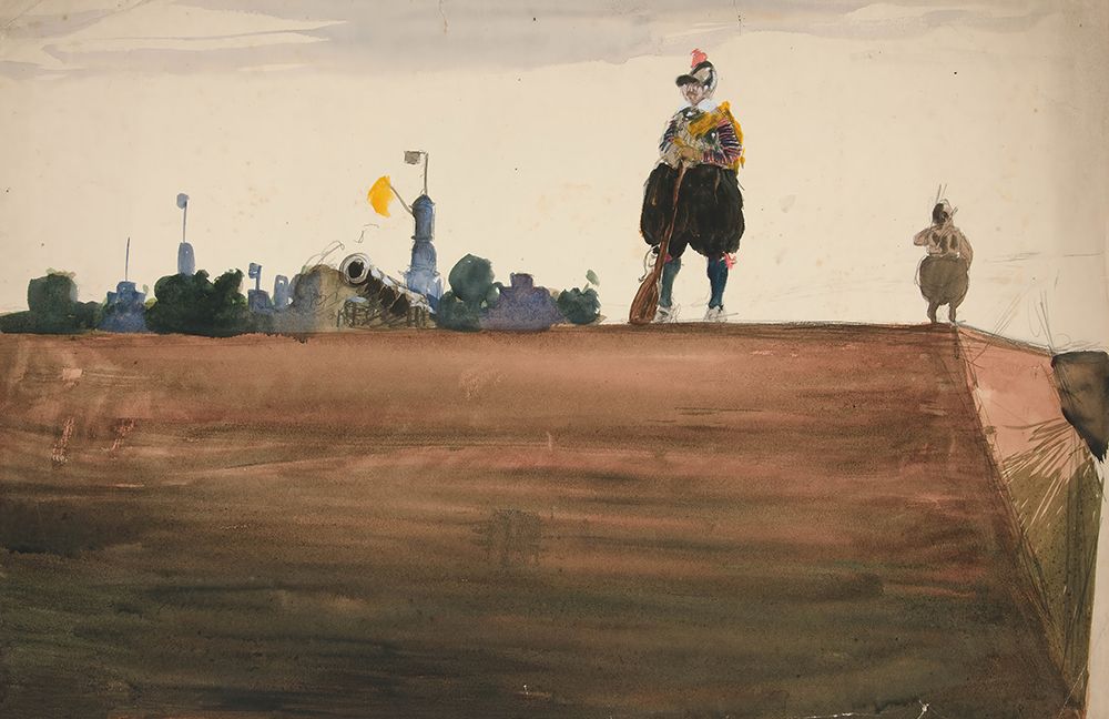 Two sentries atop a fortress wall art print by Edwin Austin Abbey for $57.95 CAD