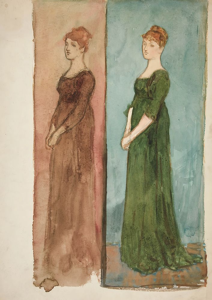 Two sketches of a woman, dressed in red, in green â€“ costume studies for a play art print by Edwin Austin Abbey for $57.95 CAD