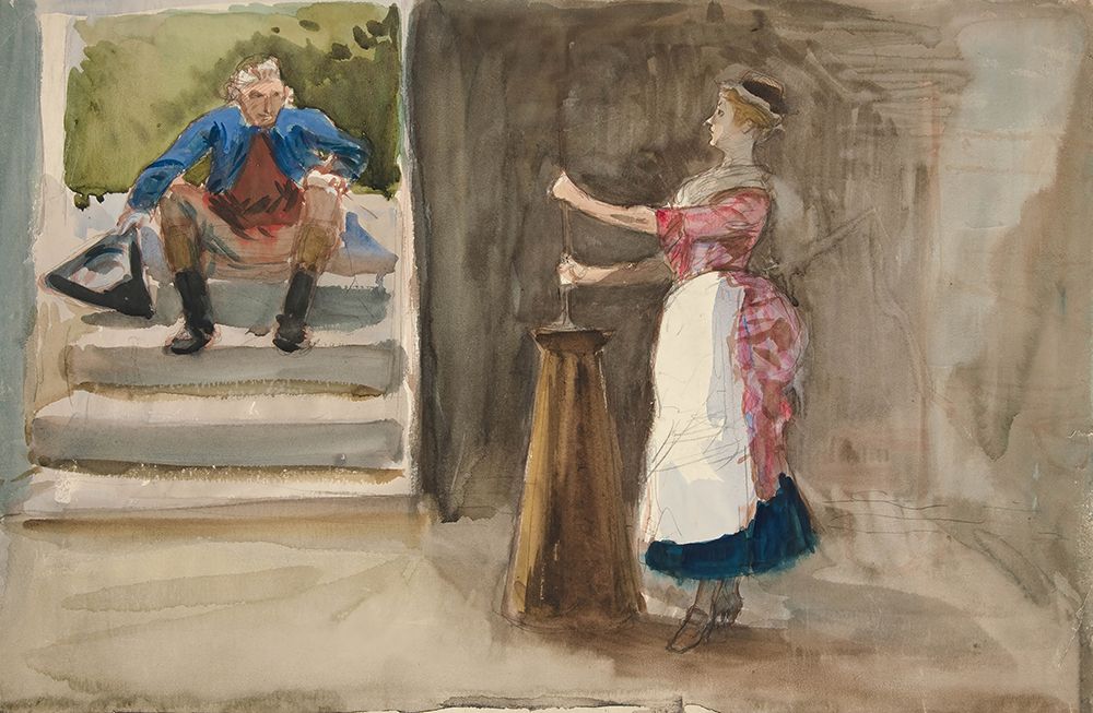 Woman churning butter, man in Revolutionary dress watching art print by Edwin Austin Abbey for $57.95 CAD