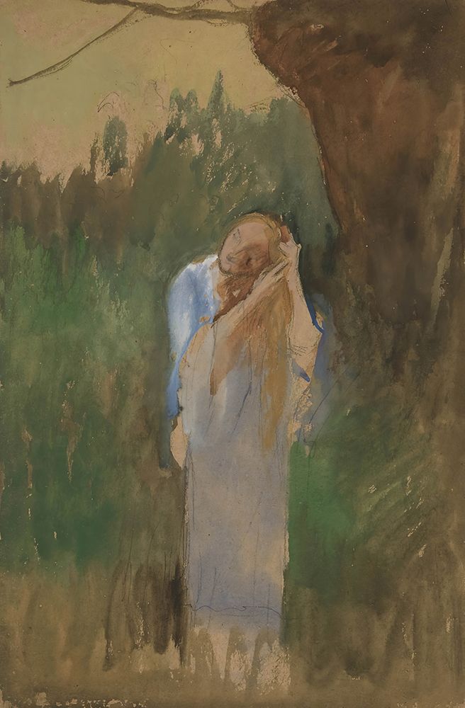 Woman in landcape, combing her long, blond hair art print by Edwin Austin Abbey for $57.95 CAD