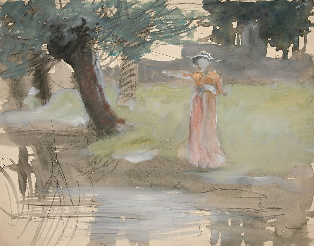 Woman standing by a riverbank art print by Edwin Austin Abbey for $57.95 CAD
