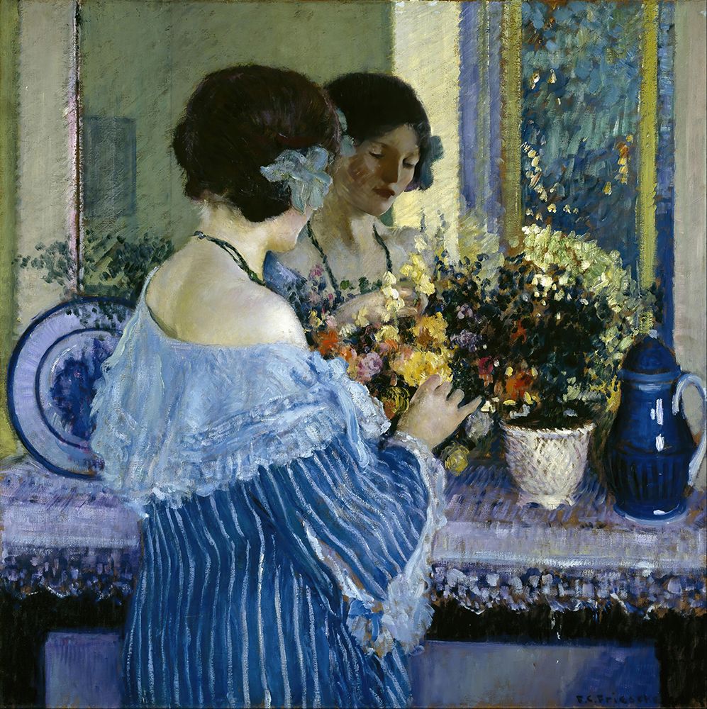 Girl in Blue Arranging Flowers 1915 art print by Frederick Carl Frieseke for $57.95 CAD