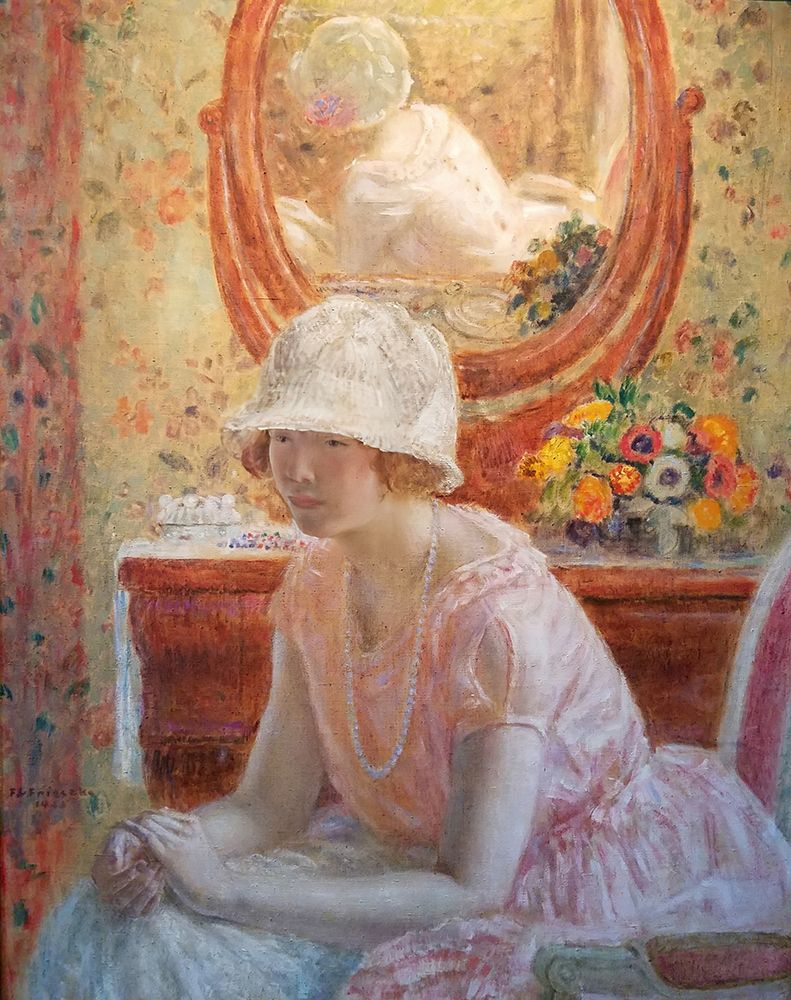 Young Girl Before a Mirror in a Pink Dress 1923 art print by Frederick Carl Frieseke for $57.95 CAD