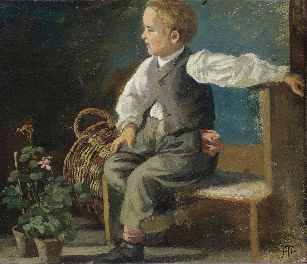 A young boy on a bench with flower pots and a wicker basket 1882 art print by Hans Thoma for $57.95 CAD