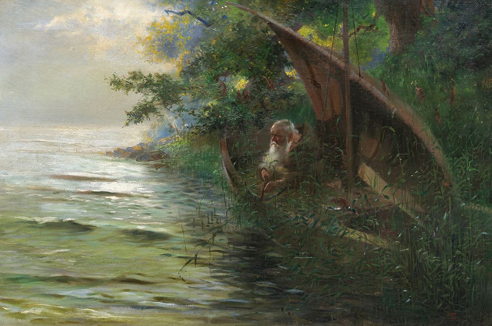 On the hunt, clergyman in a rowing boat ambushing ducks on the lakeshore, 1873 art print by Hans Thoma for $57.95 CAD