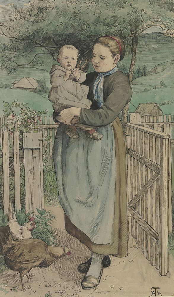 Peasant girl with a child in her arms standing at a wooden lattice art print by Hans Thoma for $57.95 CAD