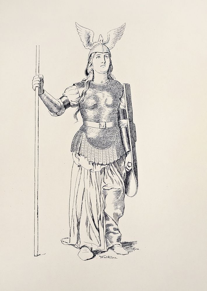 Brunnhilde white robe silver armor helmet and weapons 1897 art print by Hans Thoma for $57.95 CAD
