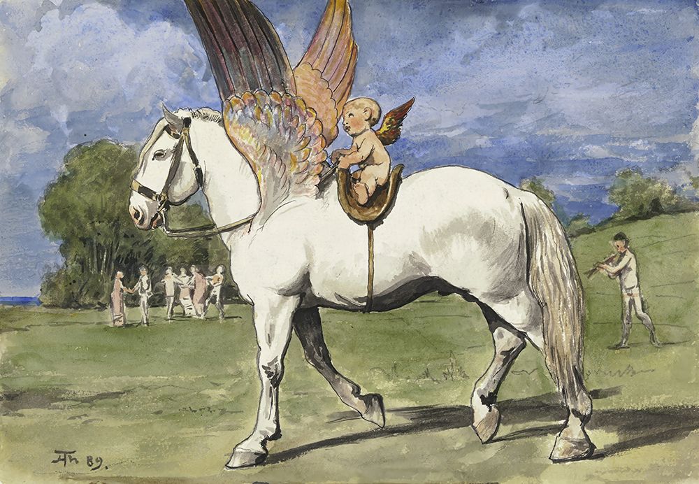 Cherub on Pegasus 1889 art print by Hans Thoma for $57.95 CAD
