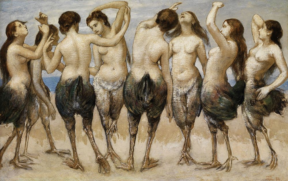 Eight dancing women in bird bodies 1886 art print by Hans Thoma for $57.95 CAD