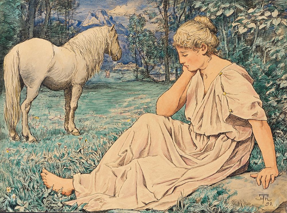White horse and seated person 1891 art print by Hans Thoma for $57.95 CAD