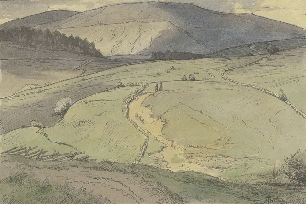 Black Forest landscape, view over hilly meadows to higher mountains art print by Hans Thoma for $57.95 CAD