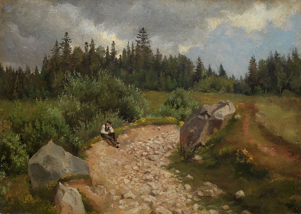 Stony path at the edge of the forest with a sitting man 1860 art print by Hans Thoma for $57.95 CAD