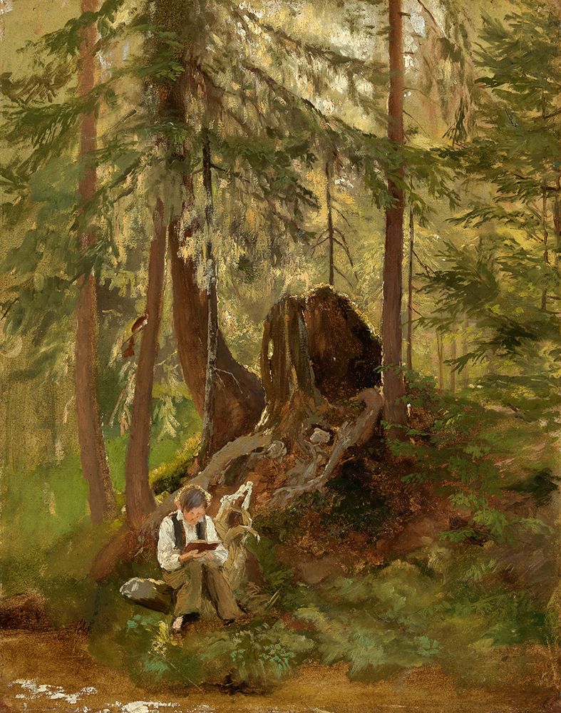 Interior of the forest with a boy reading, 1860 art print by Hans Thoma for $57.95 CAD