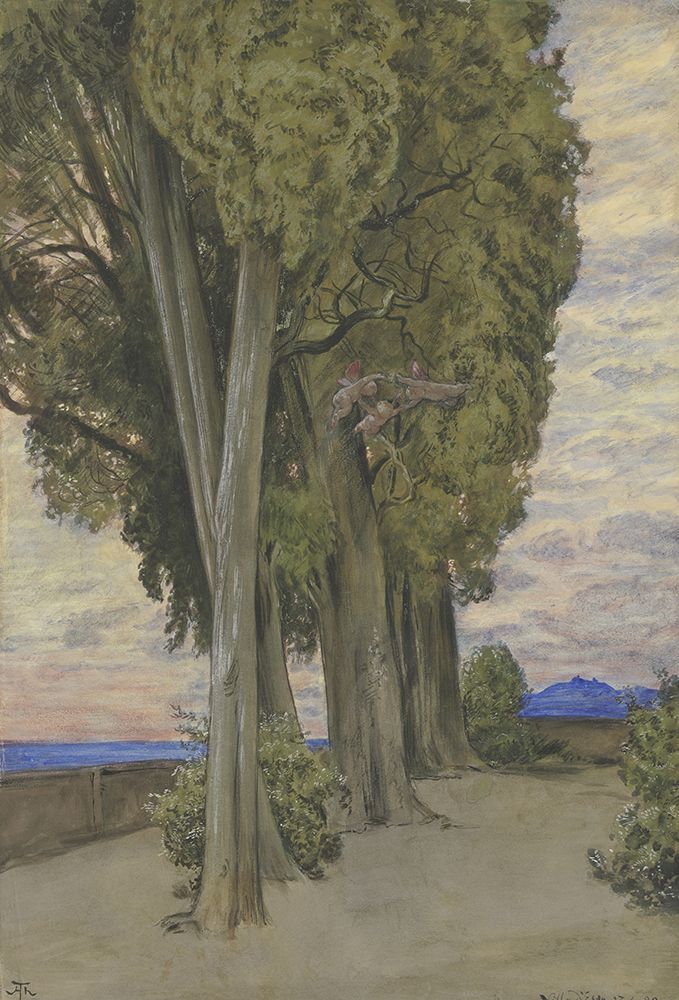 Cypresses in the Villa dEste, below the treetops a dance of three putti 1880 art print by Hans Thoma for $57.95 CAD