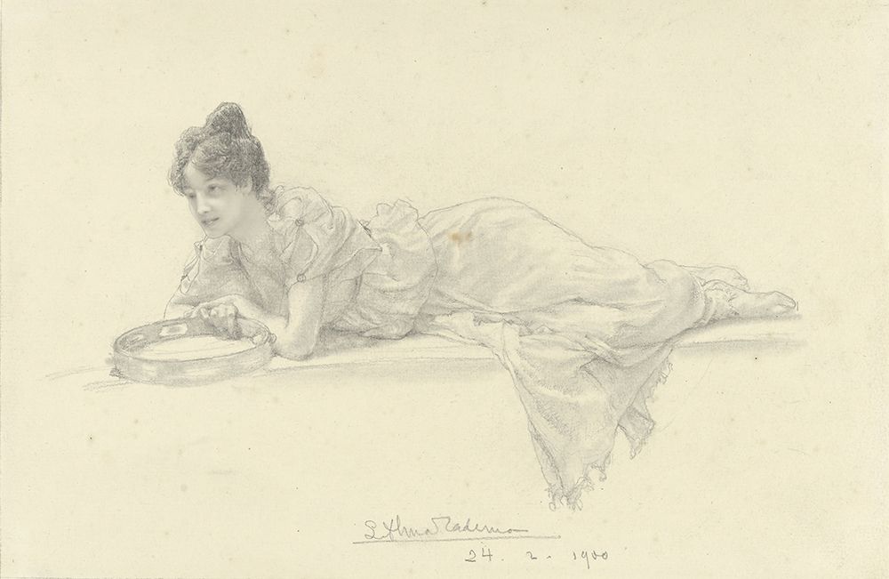 Reclining woman with tambourine 1900 art print by Sir Lawrence Alma-Tadema for $57.95 CAD
