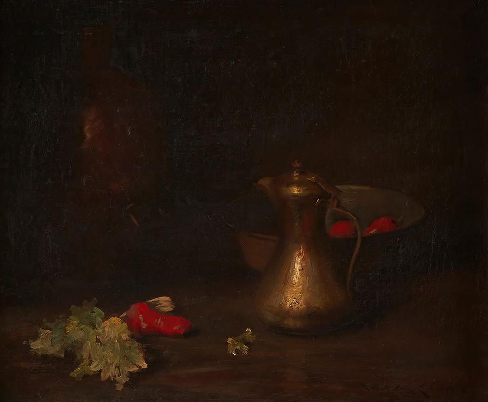Still Life with Brass Jug, Metal Bowl, Lettuce and Red Peppers art print by William Merritt Chase for $57.95 CAD