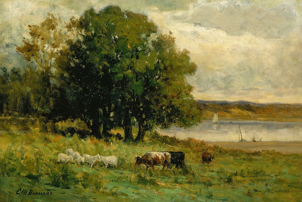 Untitled, Cattle near River with Sailboat in Distance art print by Edward Mitchell Bannister for $57.95 CAD