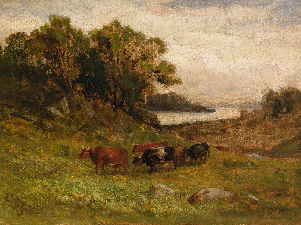 Untitled, Five Cows Grazing with Trees and River in Background art print by Edward Mitchell Bannister for $57.95 CAD
