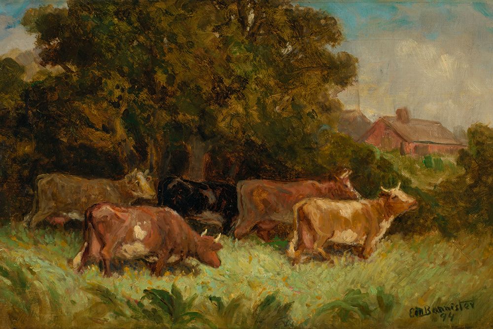 Untitled, Five Cows in Pasture, Rooftop in Background 1894 art print by Edward Mitchell Bannister for $57.95 CAD