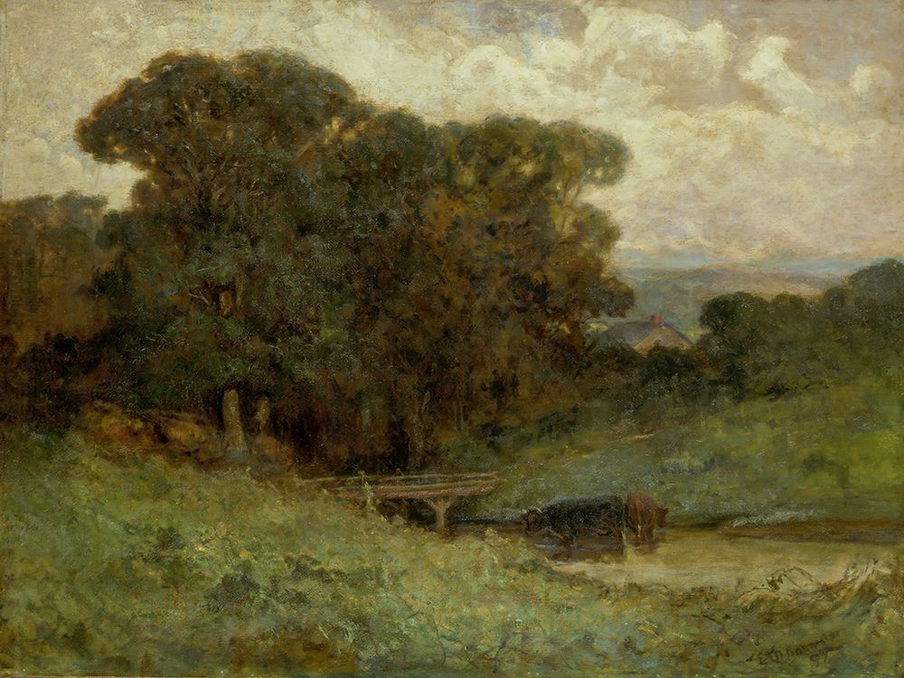 Untitled, Forest Scene with Bridge, Cows in Stream in Foreground 1897 art print by Edward Mitchell Bannister for $57.95 CAD